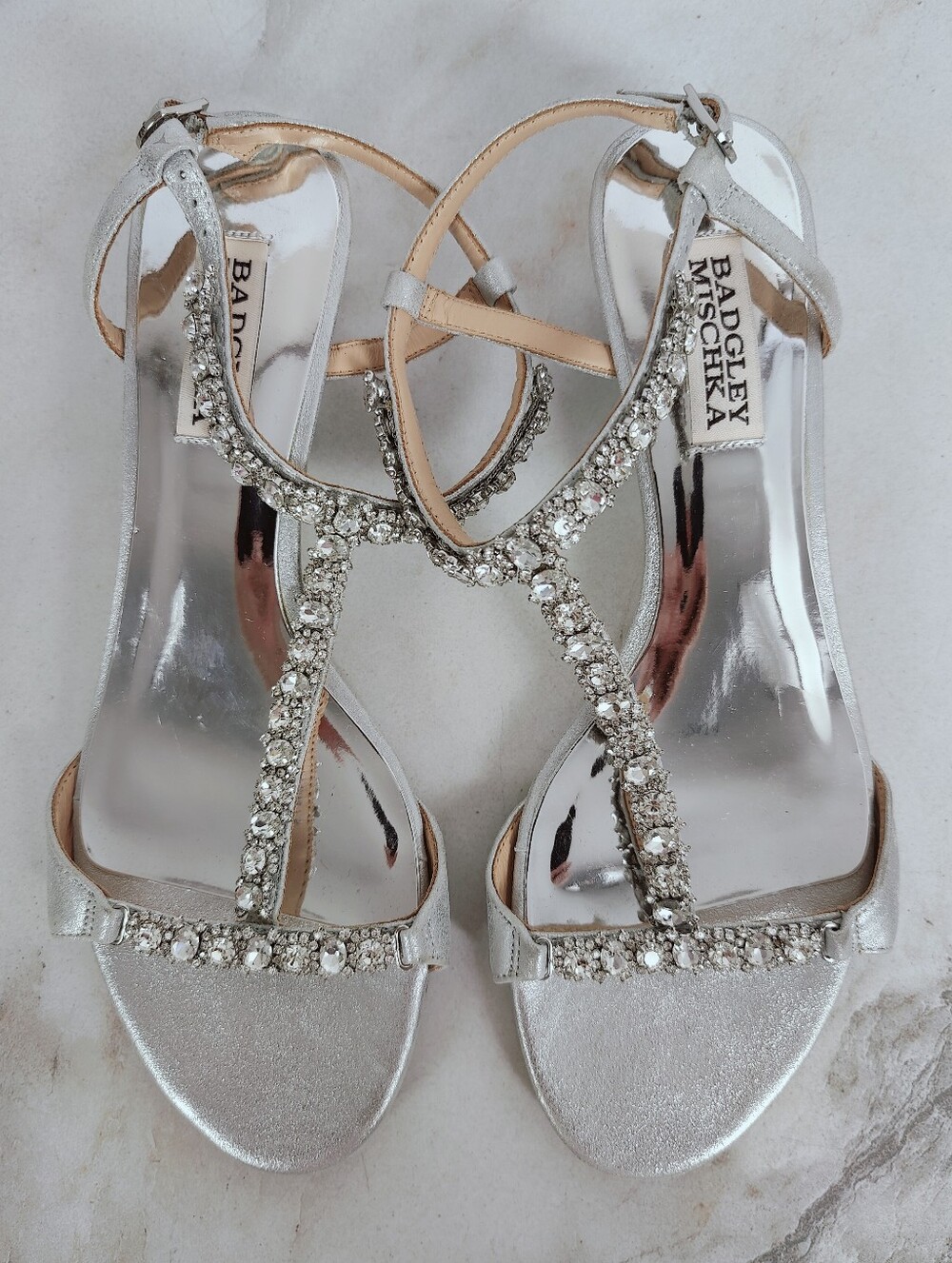 Badgley Mischka Silver Crystal T-Strap Wedge Sandals